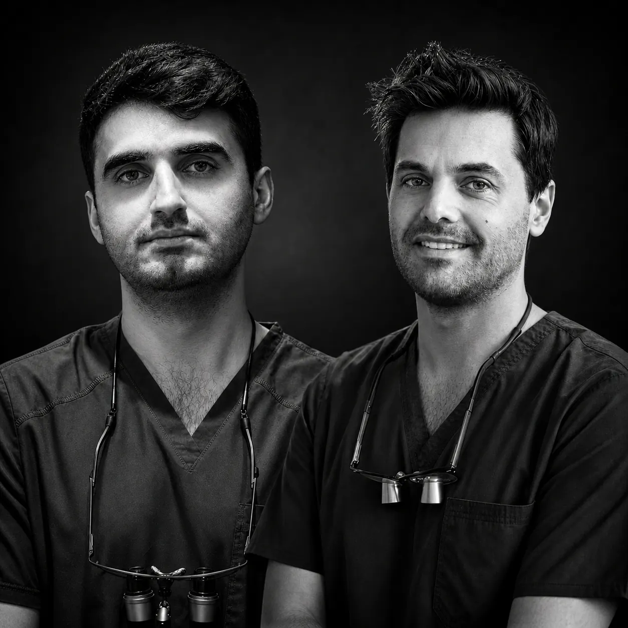 Dr. Sahand Shirzadi Maryan and Dr. Sergi Rivas Frau in clinical scrubs and loupes